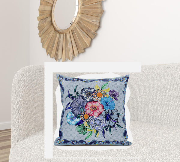 Homeroots 28x28 Blue Pink Gray Blown Seam Broadcloth Floral Throw Pillow   485437