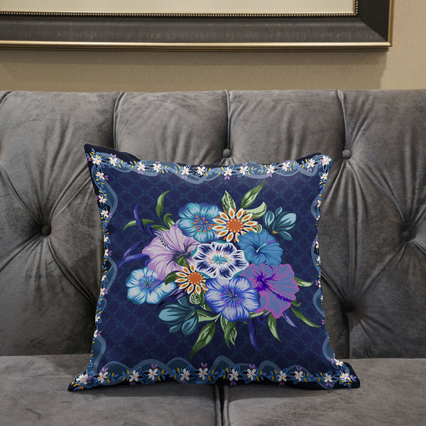 Homeroots 26x26 Indigo Yellow Darkblue Blown Seam Broadcloth Floral Throw Pillow   485441