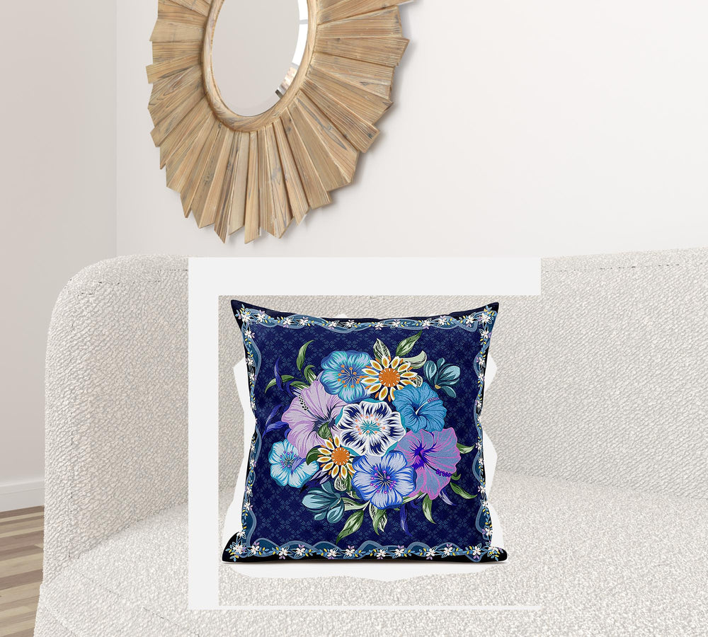 Homeroots 26x26 Indigo Yellow Darkblue Blown Seam Broadcloth Floral Throw Pillow   485441