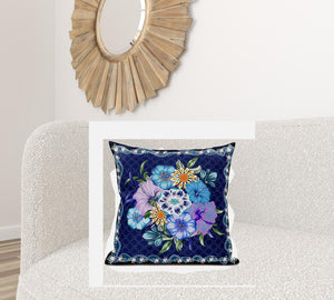 Homeroots 26x26 Indigo Yellow Darkblue Blown Seam Broadcloth Floral Throw Pillow   485441