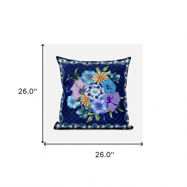 Homeroots 26x26 Indigo Yellow Darkblue Blown Seam Broadcloth Floral Throw Pillow   485441