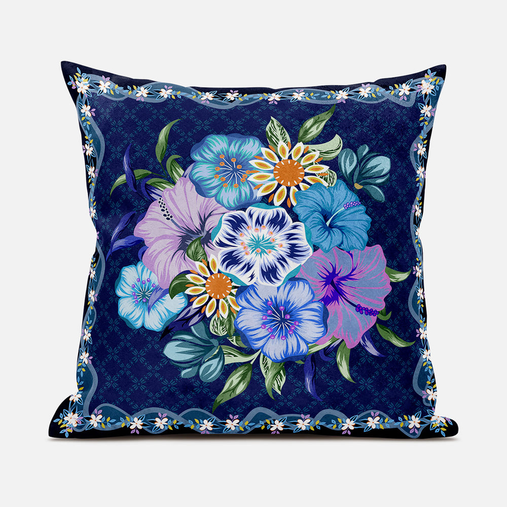 Homeroots 28x28 Indigo Yellow Darkblue Blown Seam Broadcloth Floral Throw Pillow   485442