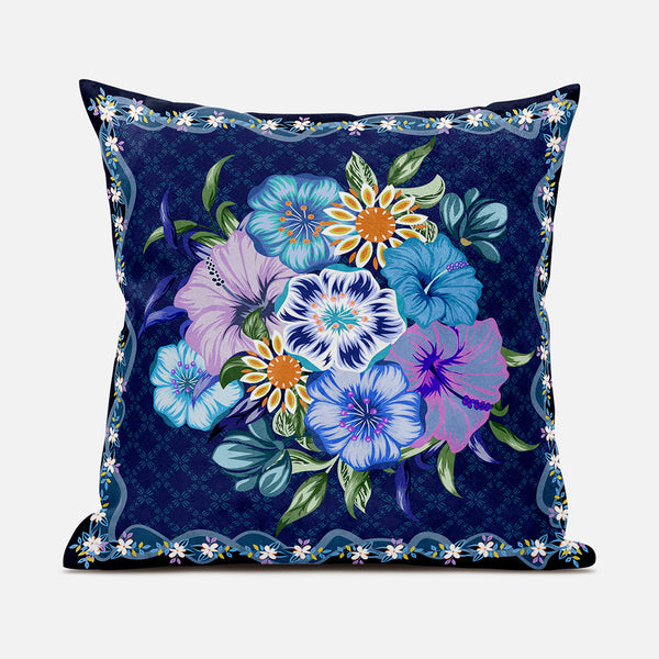 Homeroots 28x28 Indigo Yellow Darkblue Blown Seam Broadcloth Floral Throw Pillow   485442