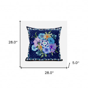 Homeroots 28x28 Indigo Yellow Darkblue Blown Seam Broadcloth Floral Throw Pillow   485442