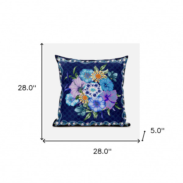 Homeroots 28x28 Indigo Yellow Darkblue Blown Seam Broadcloth Floral Throw Pillow   485442