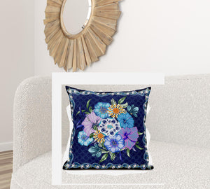 Homeroots 28x28 Indigo Yellow Darkblue Blown Seam Broadcloth Floral Throw Pillow   485442