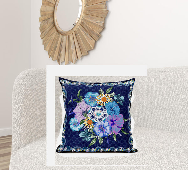 Homeroots 28x28 Indigo Yellow Darkblue Blown Seam Broadcloth Floral Throw Pillow   485442