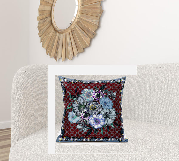 Homeroots 26x26 Red Gray Blown Seam Broadcloth Floral Throw Pillow   485446