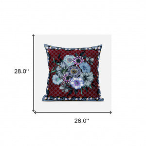 Homeroots 28x28 Red Gray Blown Seam Broadcloth Floral Throw Pillow   485447