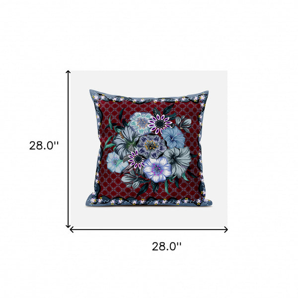 Homeroots 28x28 Red Gray Blown Seam Broadcloth Floral Throw Pillow   485447