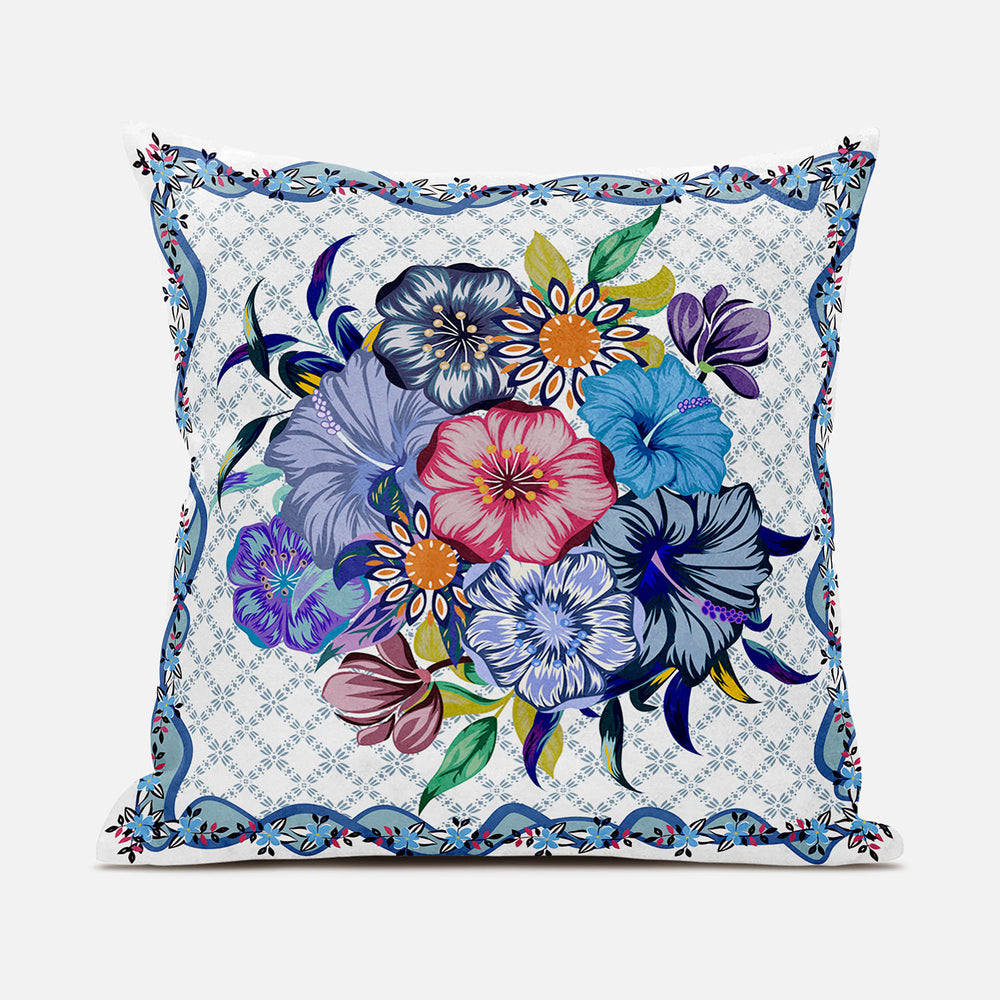 Homeroots 26x26 White Blue Blown Seam Broadcloth Floral Throw Pillow   485451
