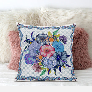 Homeroots 26x26 White Blue Blown Seam Broadcloth Floral Throw Pillow   485451