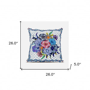 Homeroots 26x26 White Blue Blown Seam Broadcloth Floral Throw Pillow   485451