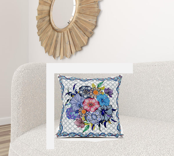 Homeroots 26x26 White Blue Blown Seam Broadcloth Floral Throw Pillow   485451