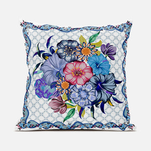 Homeroots 28x28 White Blue Blown Seam Broadcloth Floral Throw Pillow   485452