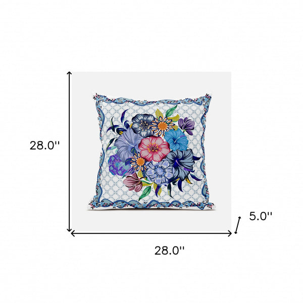 Homeroots 28x28 White Blue Blown Seam Broadcloth Floral Throw Pillow   485452