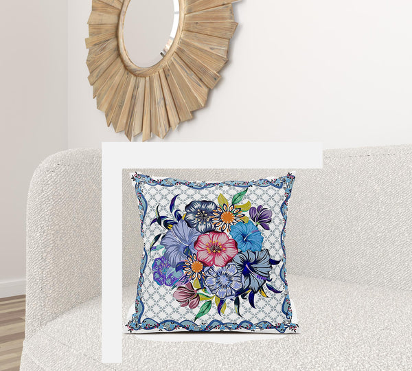 Homeroots 28x28 White Blue Blown Seam Broadcloth Floral Throw Pillow   485452