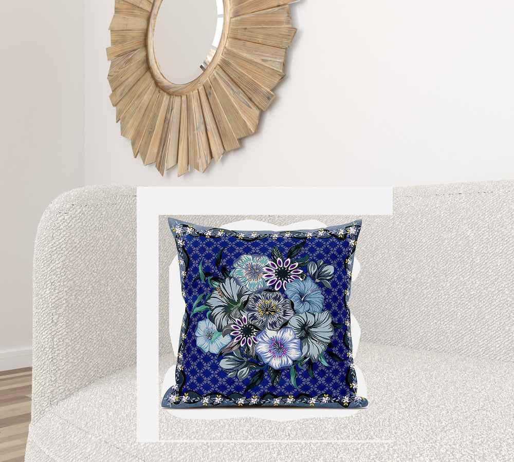 Homeroots 26x26 Blue Gray Blown Seam Broadcloth Floral Throw Pillow   485456