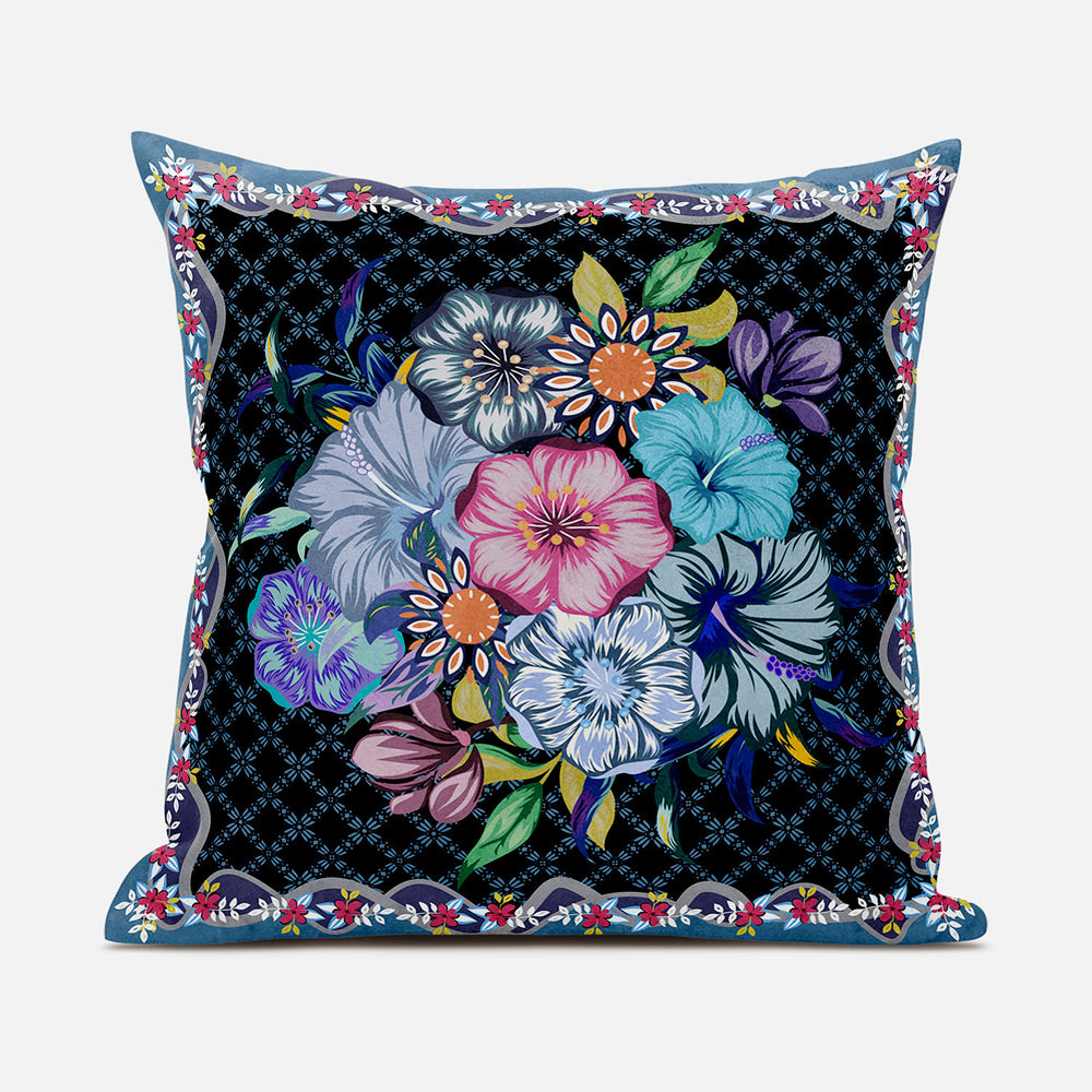 Homeroots 26x26 Black Blue Blown Seam Broadcloth Floral Throw Pillow   485461