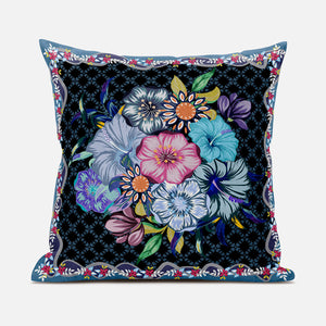 Homeroots 26x26 Black Blue Blown Seam Broadcloth Floral Throw Pillow   485461