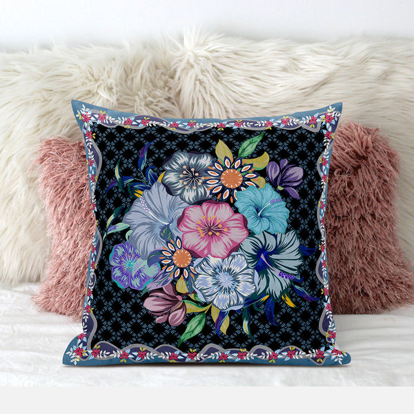 Homeroots 26x26 Black Blue Blown Seam Broadcloth Floral Throw Pillow   485461
