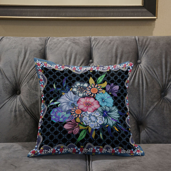 Homeroots 26x26 Black Blue Blown Seam Broadcloth Floral Throw Pillow   485461