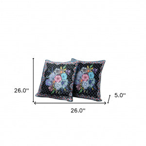 Homeroots 26x26 Black Blue Blown Seam Broadcloth Floral Throw Pillow   485461