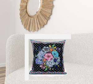 Homeroots 26x26 Black Blue Blown Seam Broadcloth Floral Throw Pillow   485461