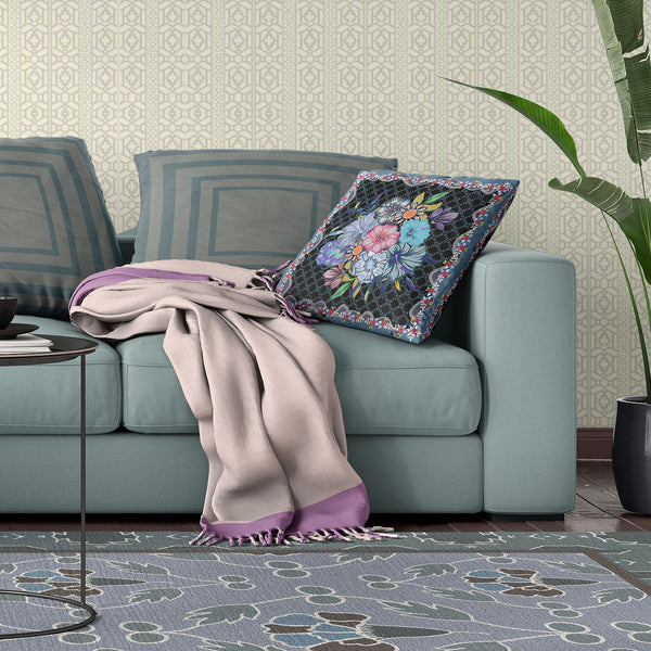 Homeroots 28x28 Black Blue Blown Seam Broadcloth Floral Throw Pillow   485462