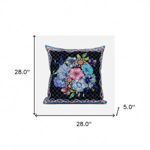 Homeroots 28x28 Black Blue Blown Seam Broadcloth Floral Throw Pillow   485462