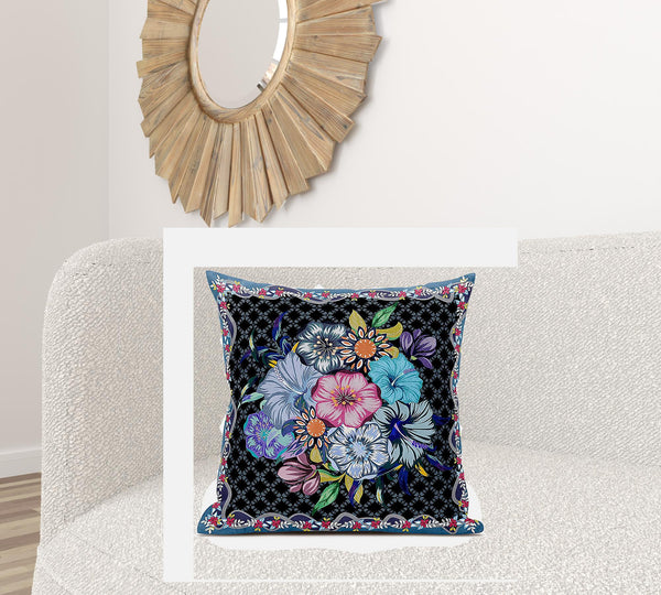 Homeroots 28x28 Black Blue Blown Seam Broadcloth Floral Throw Pillow   485462