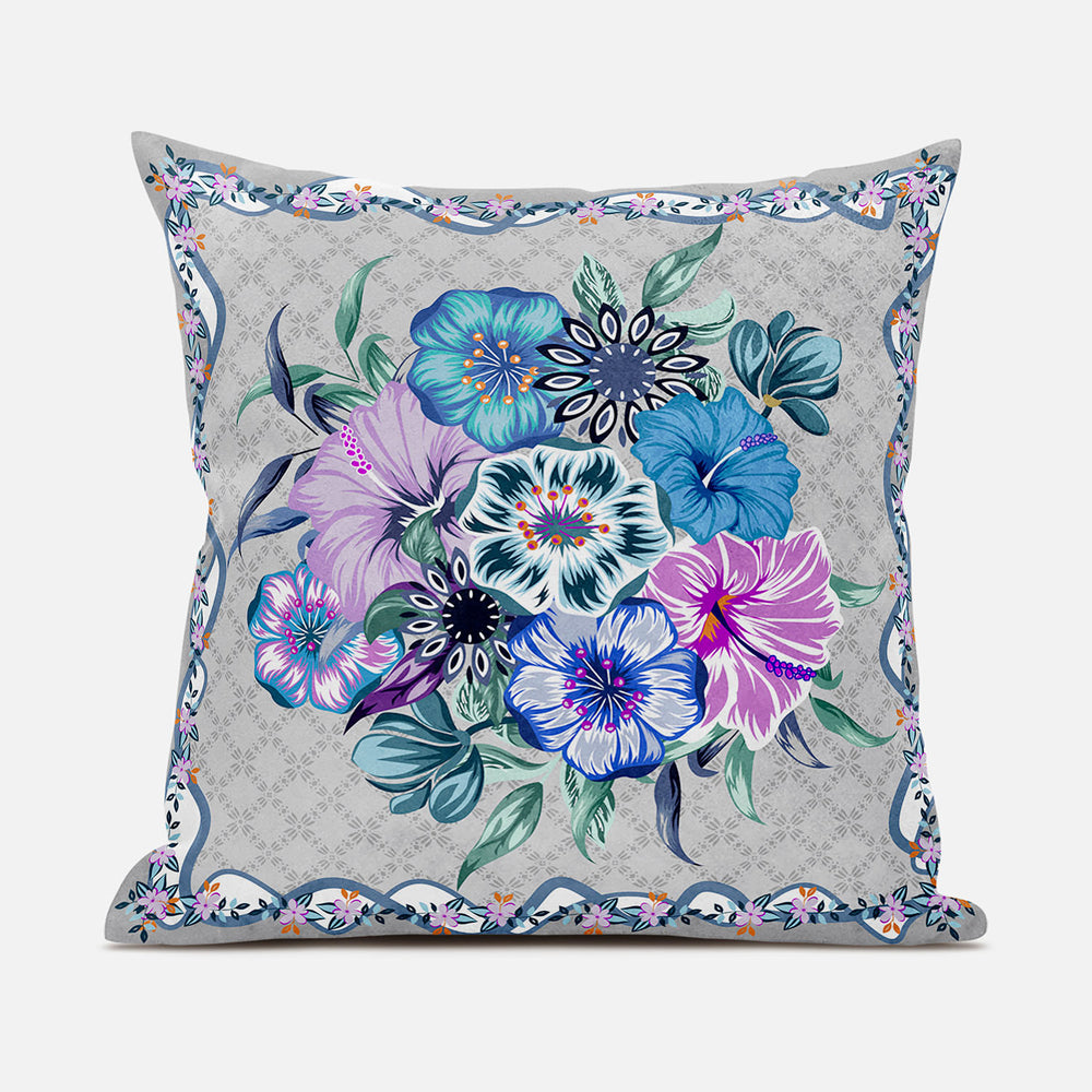 Homeroots 26x26 Beige Blue Gray Blown Seam Broadcloth Floral Throw Pillow   485466