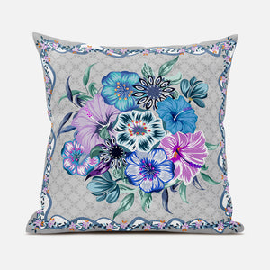 Homeroots 26x26 Beige Blue Gray Blown Seam Broadcloth Floral Throw Pillow   485466