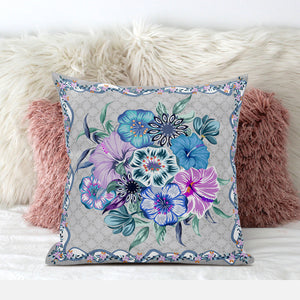 Homeroots 26x26 Beige Blue Gray Blown Seam Broadcloth Floral Throw Pillow   485466