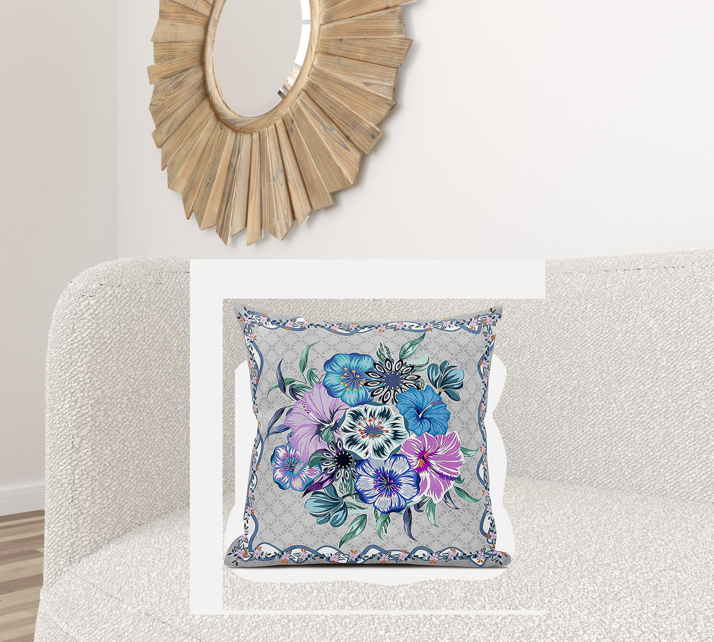 Homeroots 26x26 Beige Blue Gray Blown Seam Broadcloth Floral Throw Pillow   485466