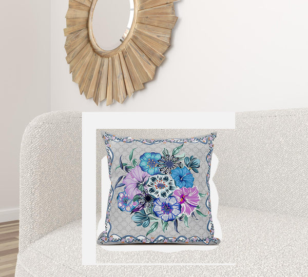 Homeroots 26x26 Beige Blue Gray Blown Seam Broadcloth Floral Throw Pillow   485466