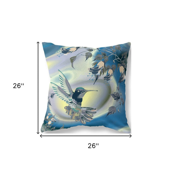 Homeroots 26" X 26" Blue And Yellow Bird Blown Seam Floral Indoor Outdoor Throw Pillow  Polyester And Cotton Blend 485471