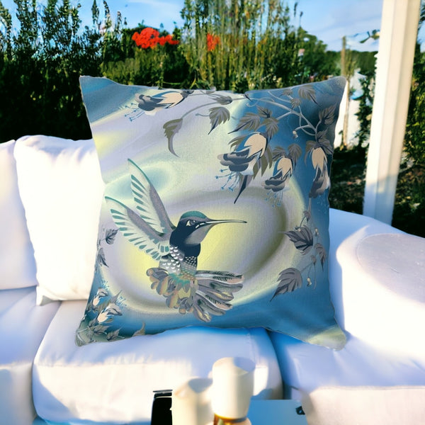 Homeroots 26" X 26" Blue And Yellow Bird Blown Seam Floral Indoor Outdoor Throw Pillow  Polyester And Cotton Blend 485471