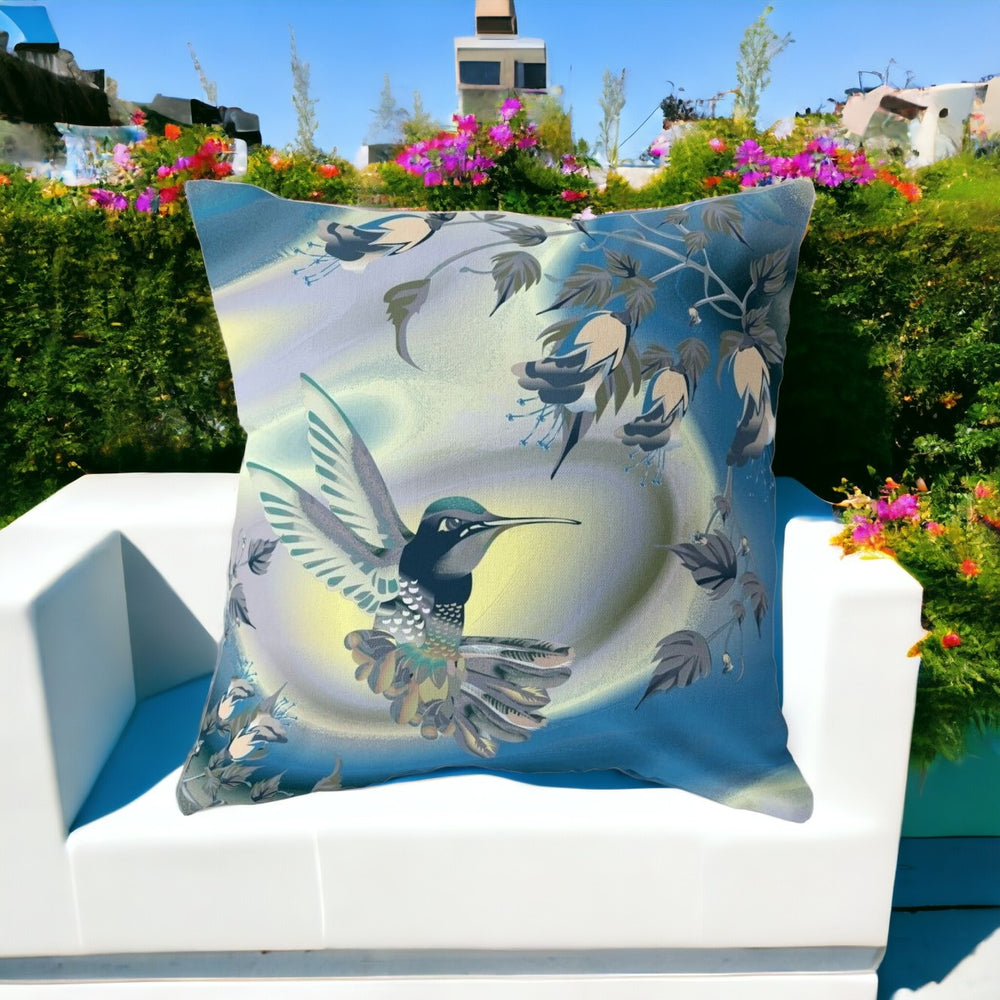 Homeroots 28" X 28" Blue And Yellow Bird Blown Seam Floral Indoor Outdoor Throw Pillow  Polyester And Cotton Blend 485472