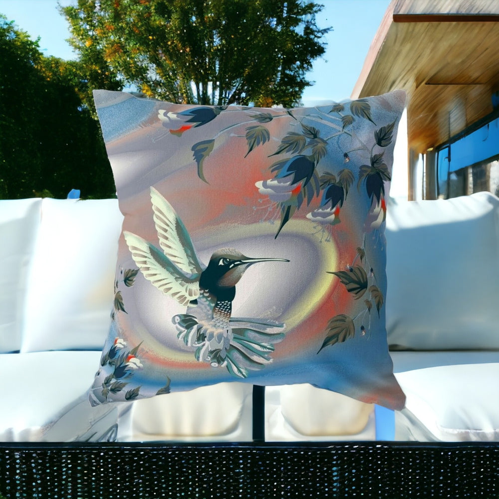 Homeroots 28" X 28" Blue And Gray Bird Blown Seam Floral Indoor Outdoor Throw Pillow  Polyester And Cotton Blend 485477