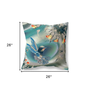 Homeroots 26" X 26" Blue And Gray Bird Blown Seam Floral Indoor Outdoor Throw Pillow  Polyester And Cotton Blend 485481