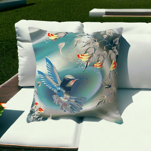 Homeroots 26" X 26" Blue And Gray Bird Blown Seam Floral Indoor Outdoor Throw Pillow  Polyester And Cotton Blend 485481