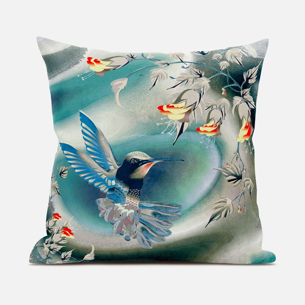 Homeroots 28" X 28" Turquoise Bird Blown Seam Floral Indoor Outdoor Throw Pillow   485482