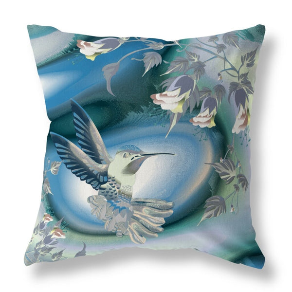 Homeroots 26" X 26" Blue And White Bird Blown Seam Floral Indoor Outdoor Throw Pillow  Polyester And Cotton Blend 485487