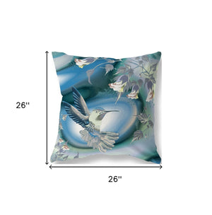 Homeroots 26" X 26" Blue And White Bird Blown Seam Floral Indoor Outdoor Throw Pillow  Polyester And Cotton Blend 485487
