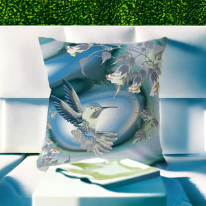 Homeroots 26" X 26" Blue And White Bird Blown Seam Floral Indoor Outdoor Throw Pillow  Polyester And Cotton Blend 485487