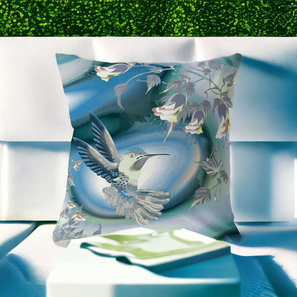 Homeroots 26" X 26" Blue And White Bird Blown Seam Floral Indoor Outdoor Throw Pillow  Polyester And Cotton Blend 485487