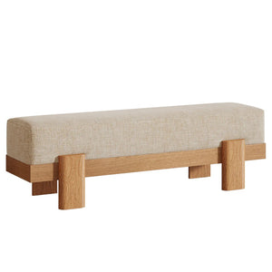 English Elm Upholstered Nordic Dining Bench with Beige Fabric Seat and Oak Legs for Family Meals T3971P458669