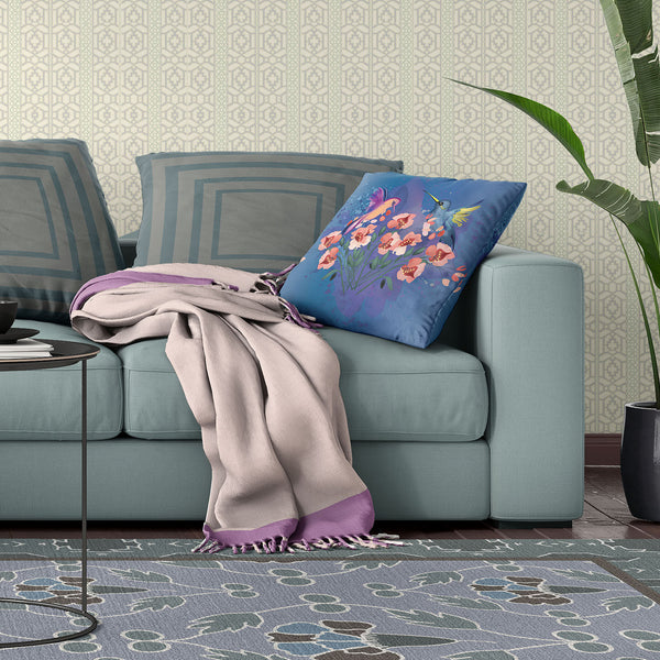 Homeroots 26x26 Blue Pink Gray Bird Blown Seam Broadcloth Animal Print Throw Pillow   485503