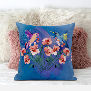 Homeroots 28x28 Blue Pink Gray Bird Blown Seam Broadcloth Animal Print Throw Pillow   485504